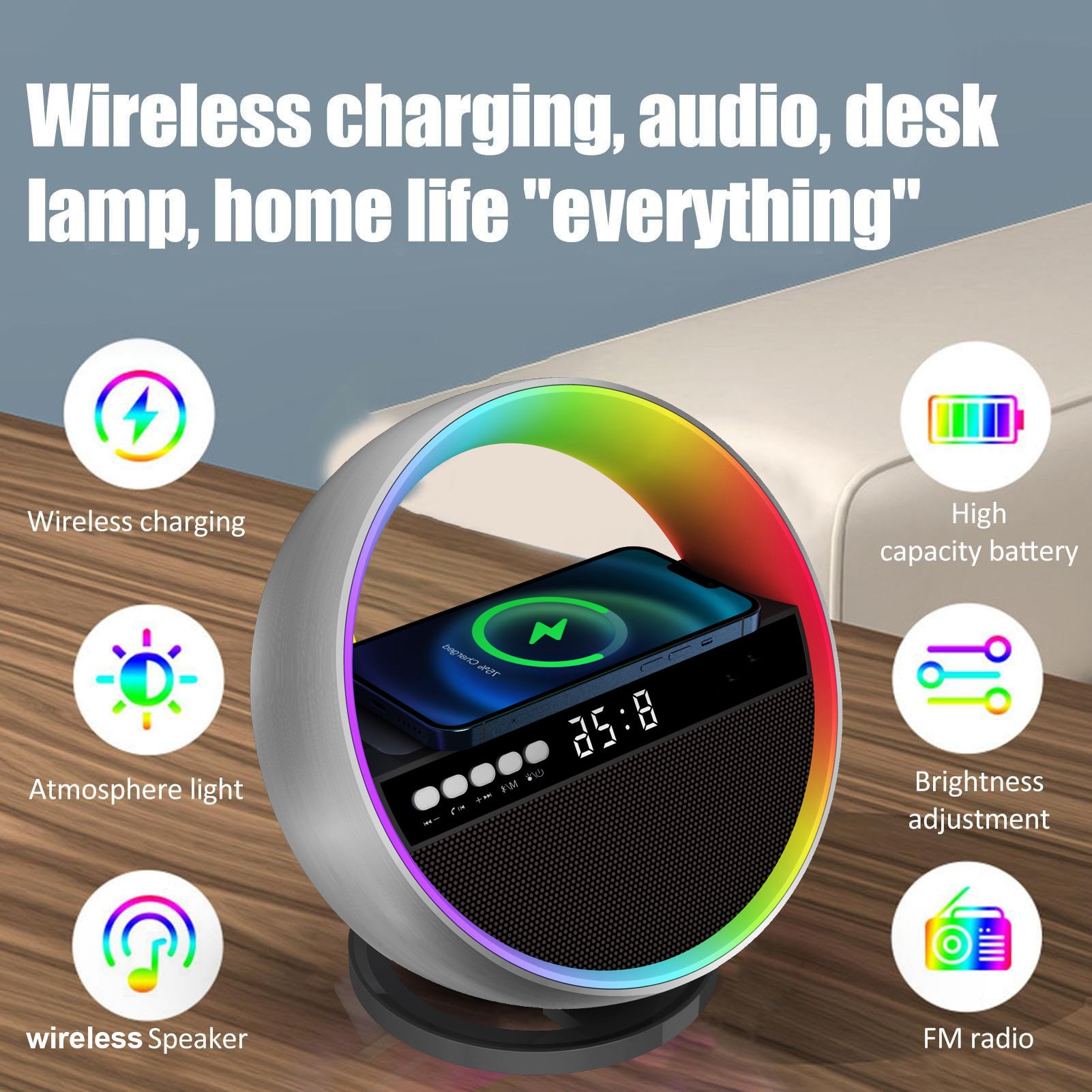 RGB Nachtlicht mit 15W Wireless Charger und Bluetooth Lautsprecher