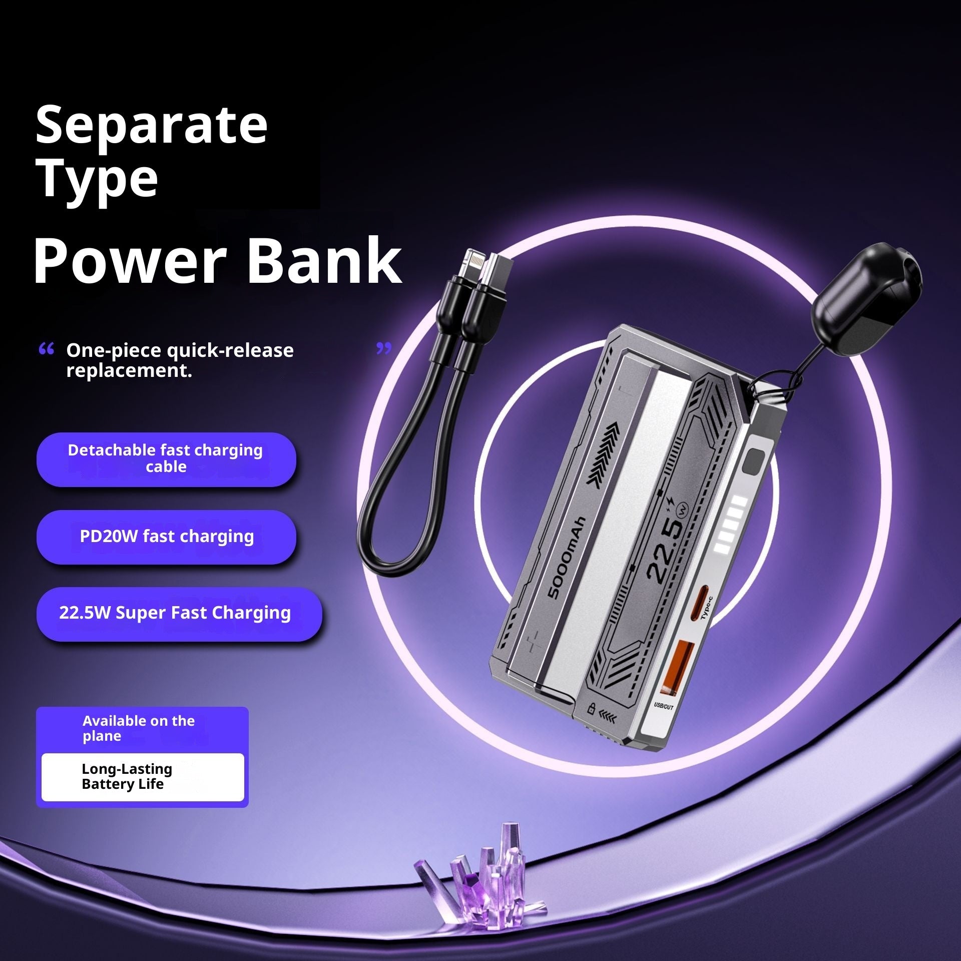 Abnehmbare Zylinder-Powerbank – Flexibel teilbar für 2 Geräte Gray 10000 MA