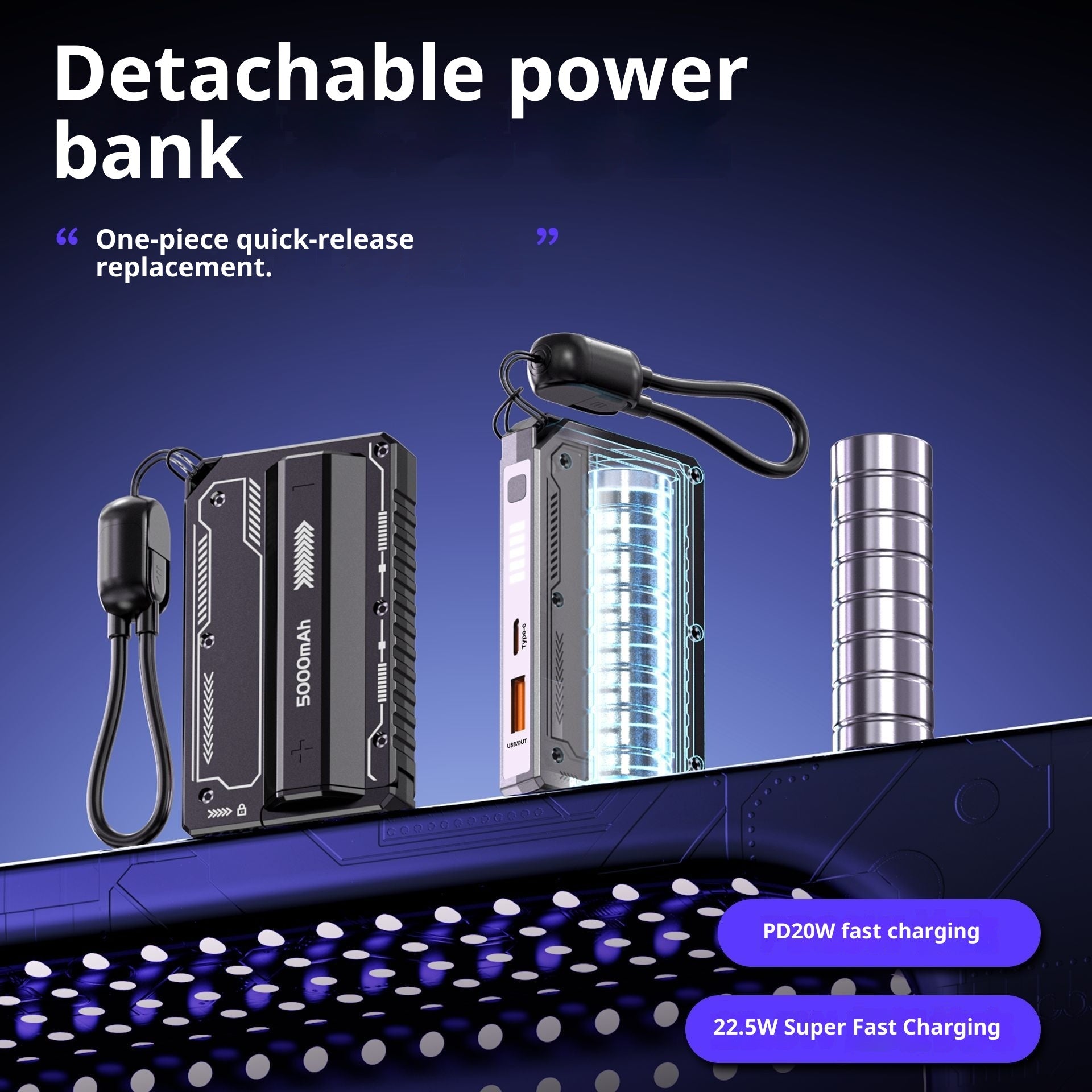 Abnehmbare Zylinder-Powerbank – Flexibel teilbar für 2 Geräte Black 10000 MA